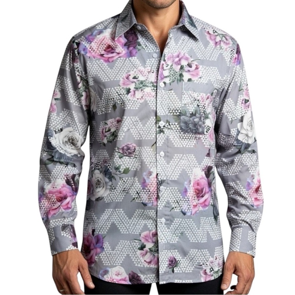 Hula Tease Mens Floral Geometric Button Down Shirt Grey Purple Cotton Medium